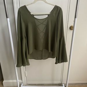 Olive green bell sleeve back lace up blouse